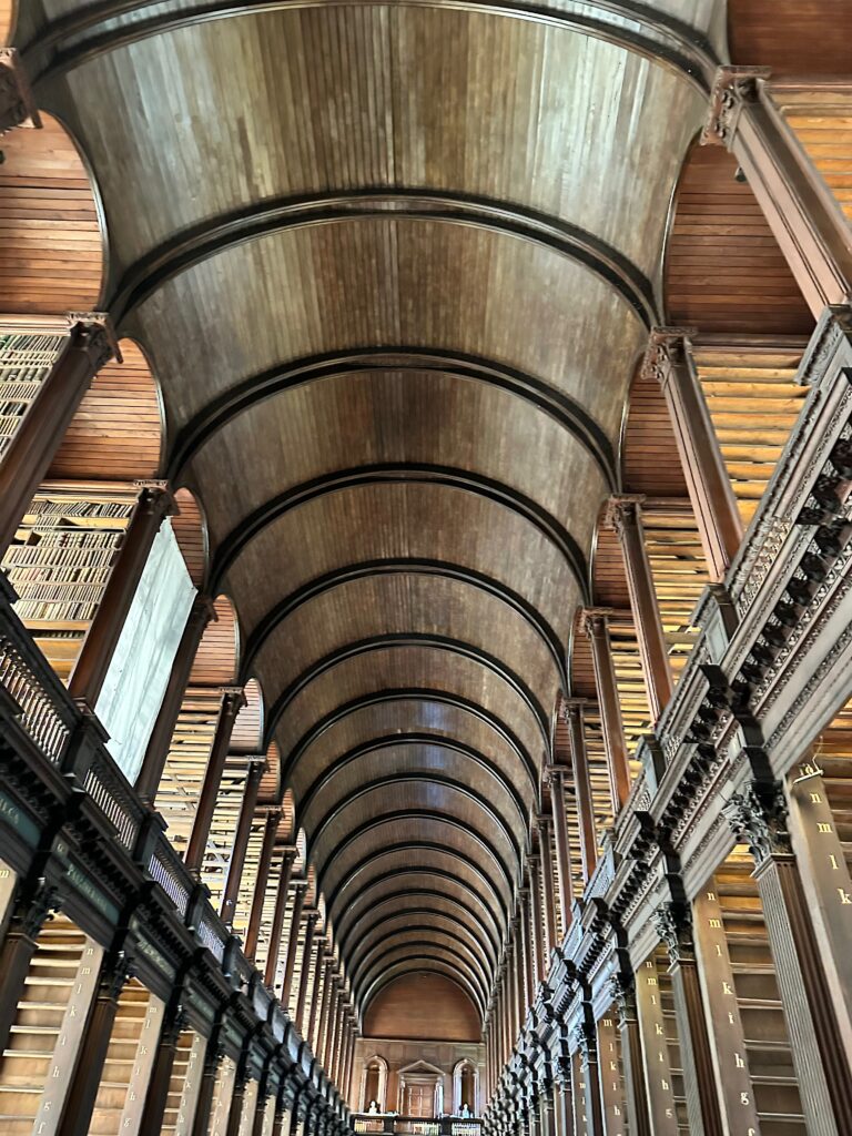 The ceiling and upper sections of Trinity Library in Dublin, as seen from the first floor. 
