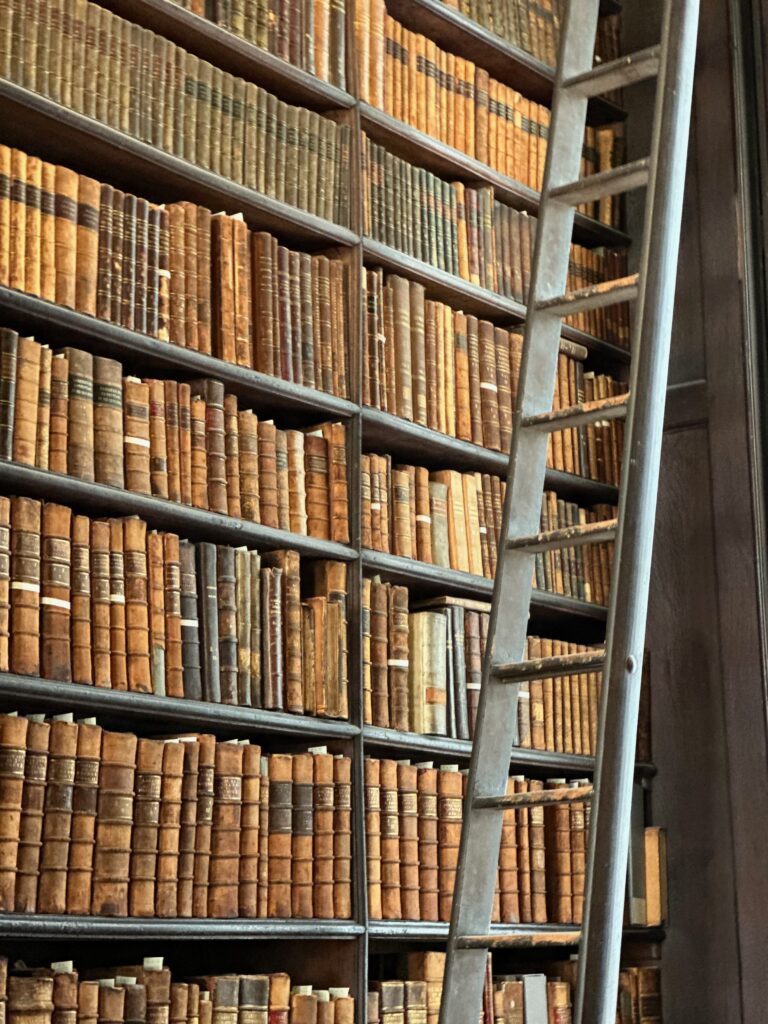 Books lingin one of the rows at Trinity College Library in Dublin. 