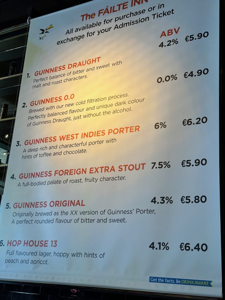 The menu at the Guinness pub. 
