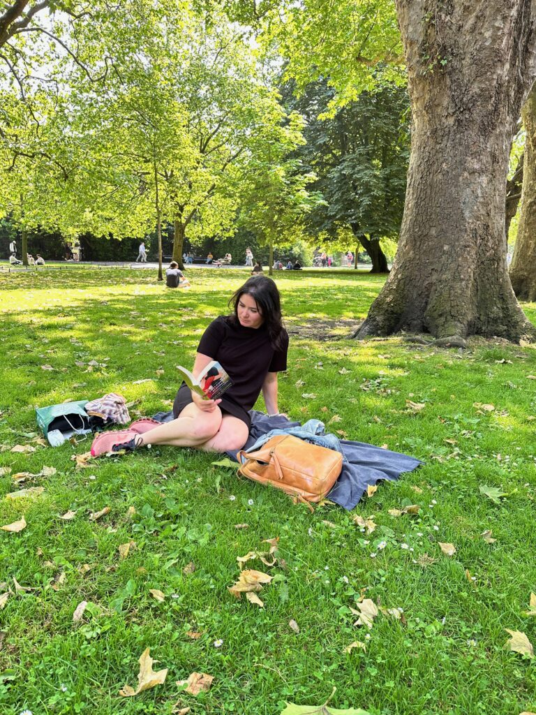 Kimberly reading in St. Stephen's Green Park in Dublin, Ireland. 