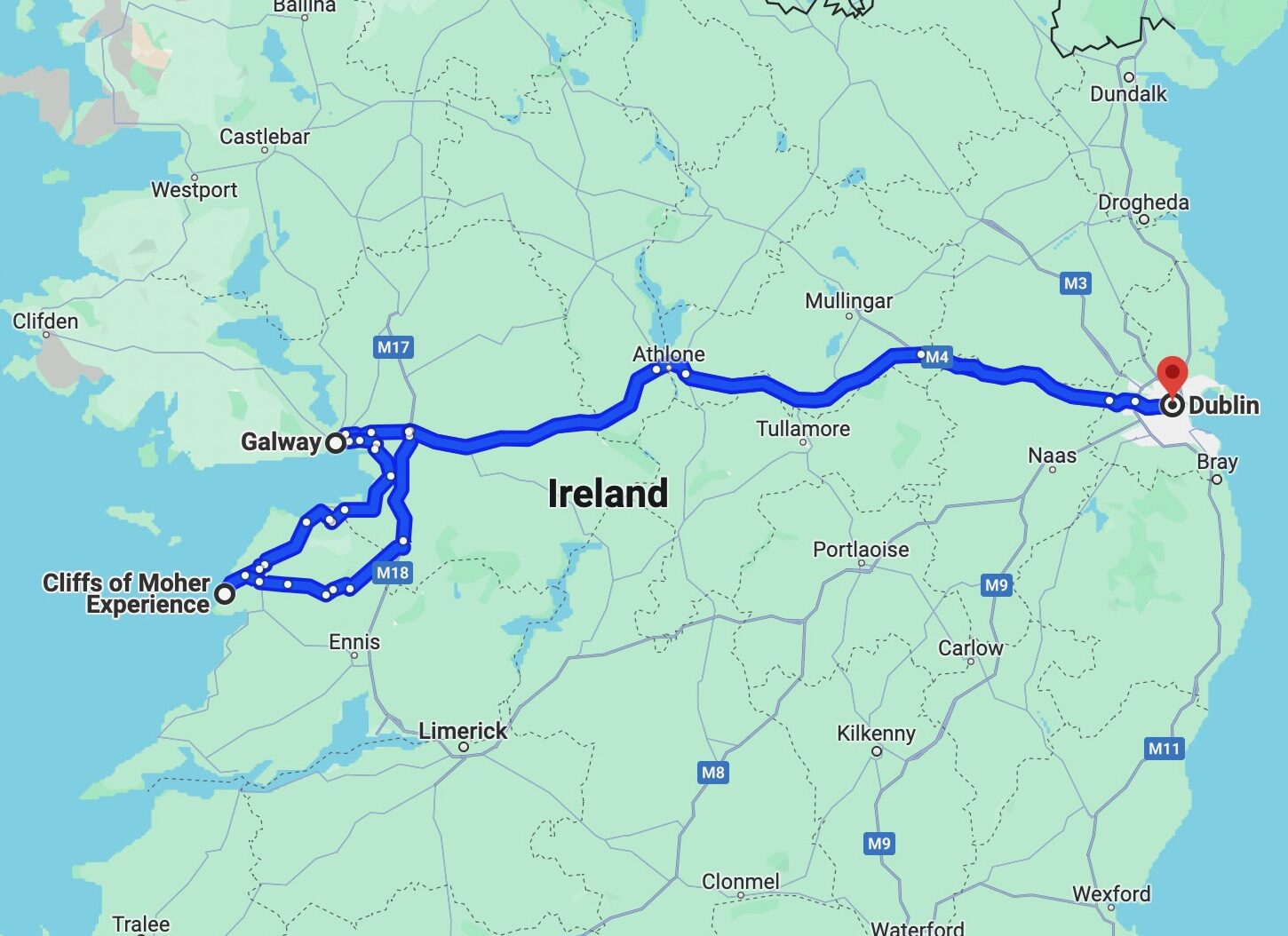 Map of route from Dublin to Galway to Cliffs of Moher and back to Dublin. 